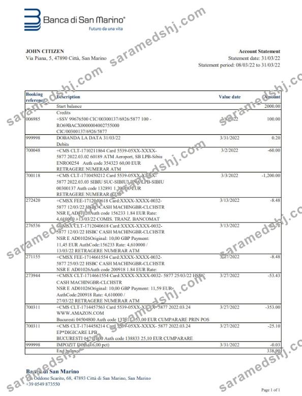 San Marino Banca di San Marino bank statement xls
